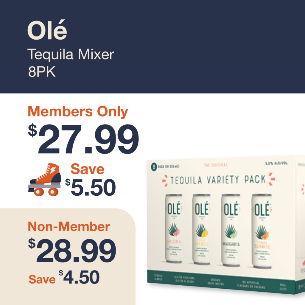 Monthly promo at The Liquor Co. 1977 – Ole Tequila Mixer 8-pack on sale for $27.99 for members and $28.99 for non-members. Save up to $5.50 on this featured tequila mixer deal.