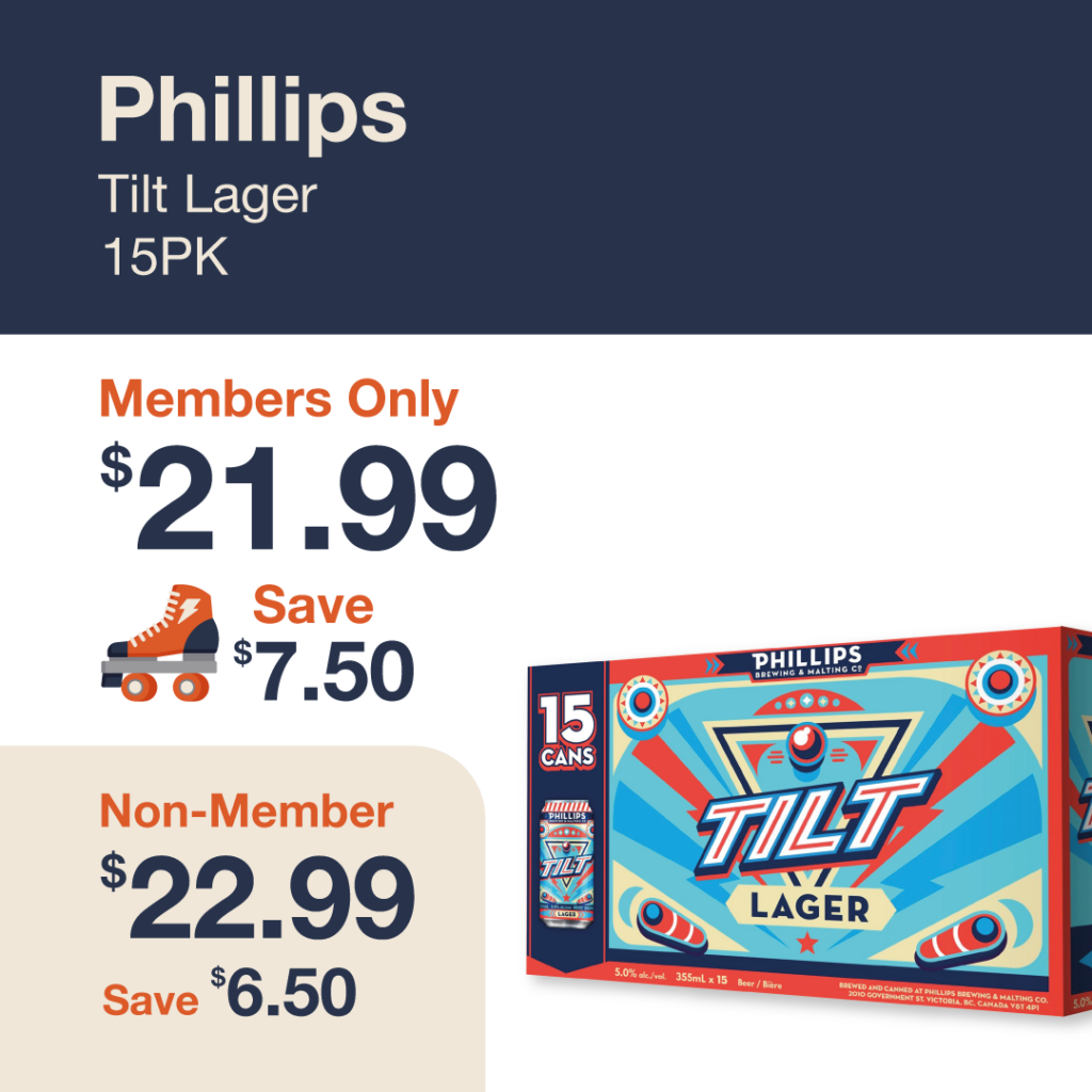 Monthly promo at The Liquor Co. 1977 – Phillips Tilt Lager 15-pack on sale for $21.99 for members and $22.99 for non-members. Save up to $7.50 on this featured beer deal.