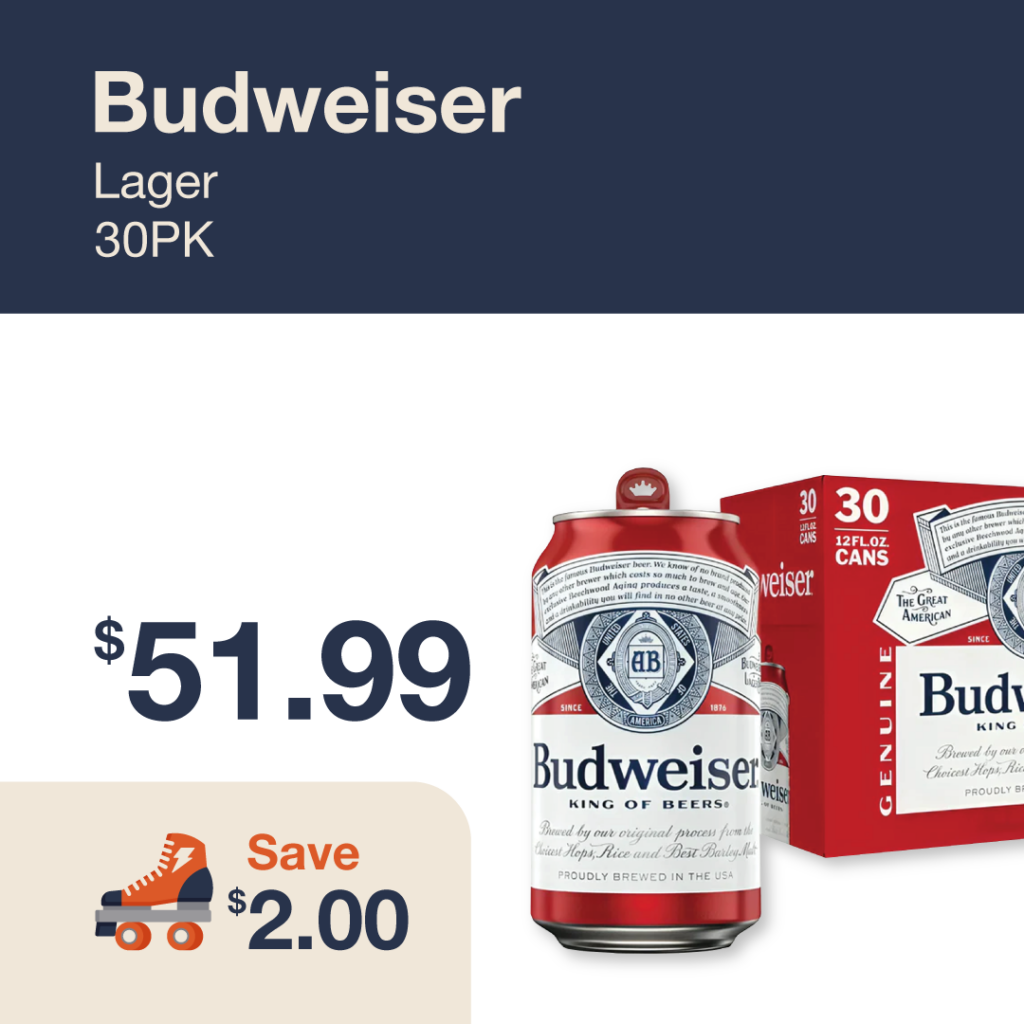 Monthly promo at The Liquor Co. 1977 – Budweiser Lager 30-pack on sale for $51.99. Save $2.00 on this featured beer deal.