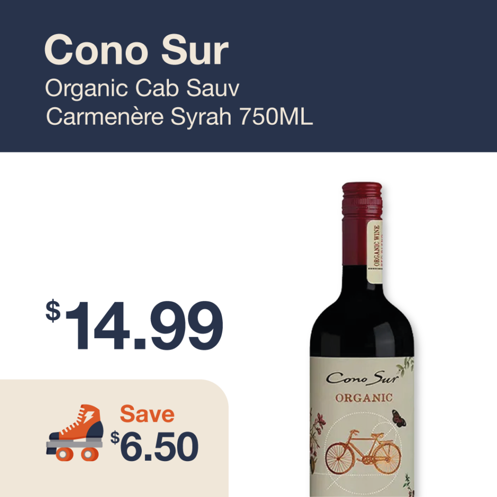Monthly promo at The Liquor Co. 1977 – Cono Sur Organic Cab Sauv Carmenere Syrah 750ml on sale for $14.99. Save $6.50 on this featured wine deal.