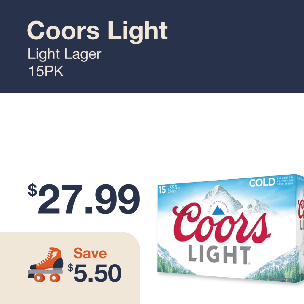 Monthly promo at The Liquor Co. 1977 – Coors Light 15-pack on sale for $27.99. Save $5.50 on this featured beer deal.