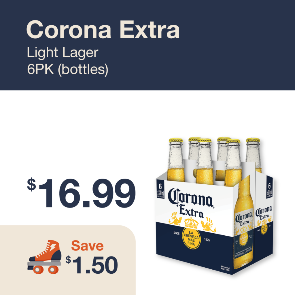 Monthly promo at The Liquor Co. 1977 – Corona Extra 6-pack on sale for $16.99. Save $1.50 on this featured beer deal.