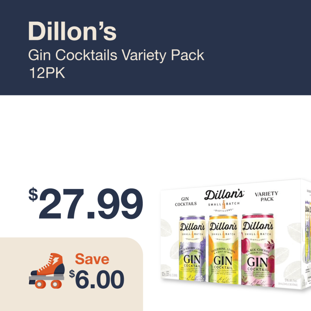 Monthly promo at The Liquor Co. 1977 – Dillons Gin Cocktails Variety Pack 12-pack on sale for $27.99. Save $6.00 on this featured Gin Cocktail deal.