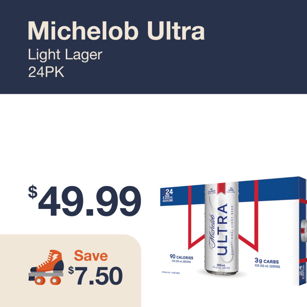 Monthly promo at The Liquor Co. 1977 – Michelob Ultra Light Lager 24-pack on sale for $49.99. Save $7.50 on this featured beer deal.