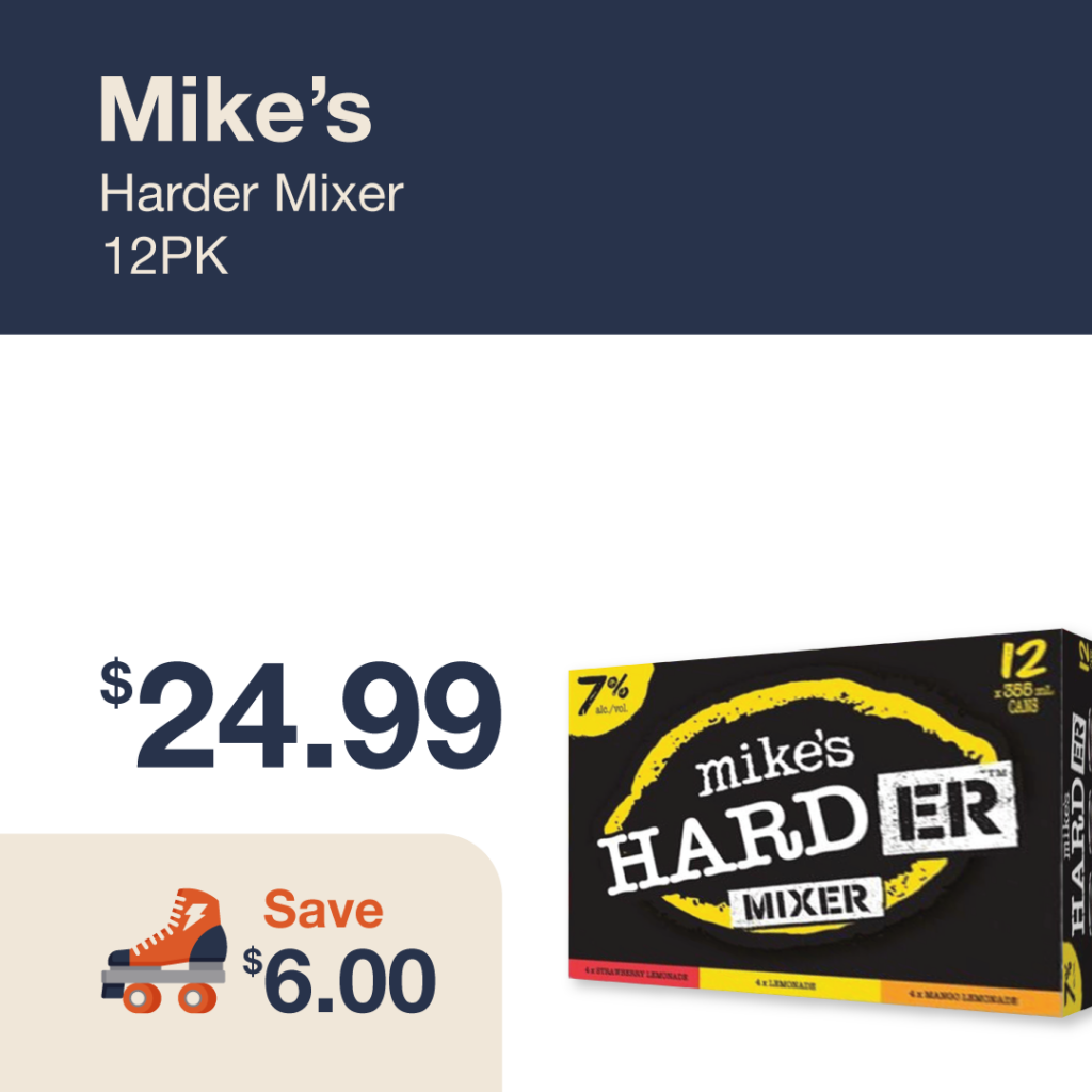 Monthly promo at The Liquor Co. 1977 – Mike's Harder Mixer 12-pack on sale for $24.99. Save $6.00 on this featured cooler deal.