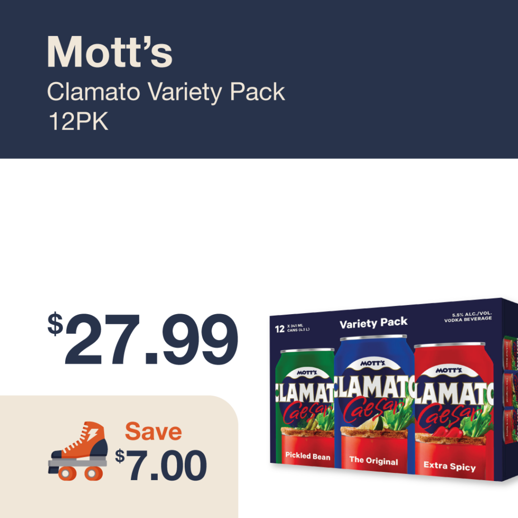 Monthly promo at The Liquor Co. 1977 – Mott's Clamato Variety Pack 12-pack on sale for $27.99. Save $7.00 on this featured Caesar deal.