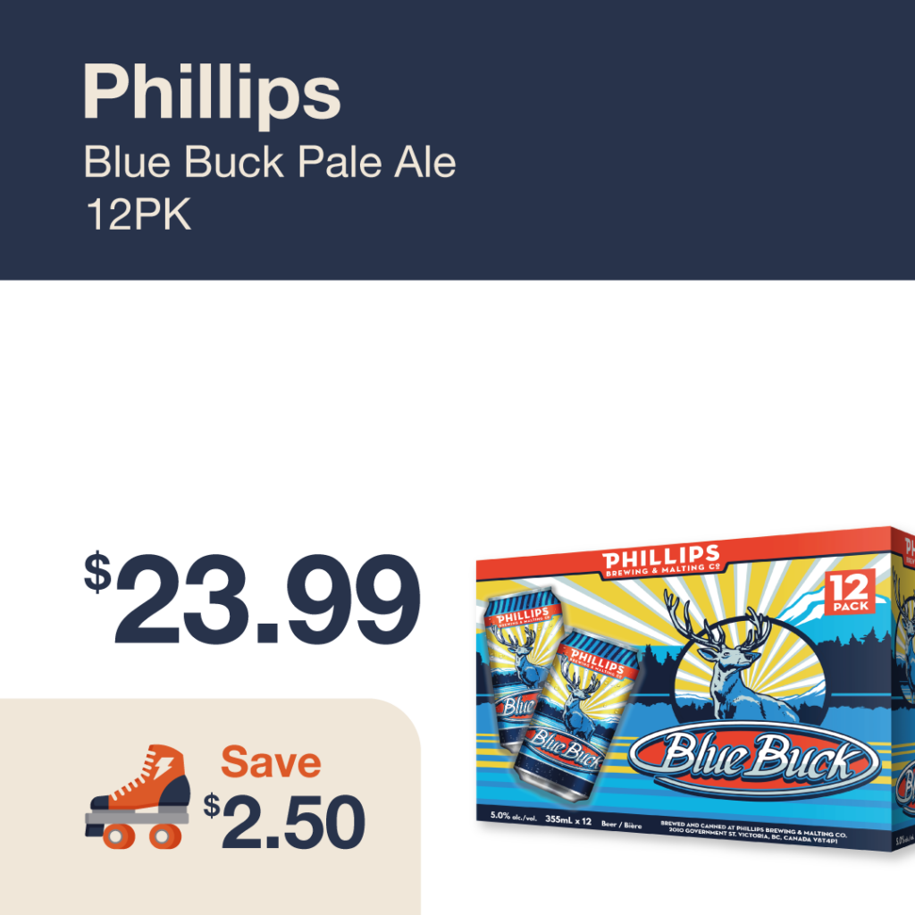 Monthly promo at The Liquor Co. 1977 – Phillips Blue Buck Pale Ale 12-pack on sale for $23.99. Save $2.50 on this featured beer deal.