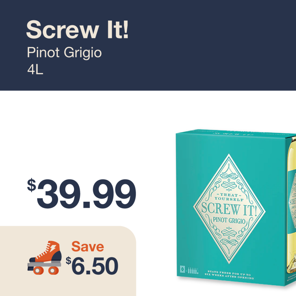 Monthly promo at The Liquor Co. 1977 – Screw It! Pinot Grigio 4L on sale for $39.99. Save $6.50 on this featured wine deal.