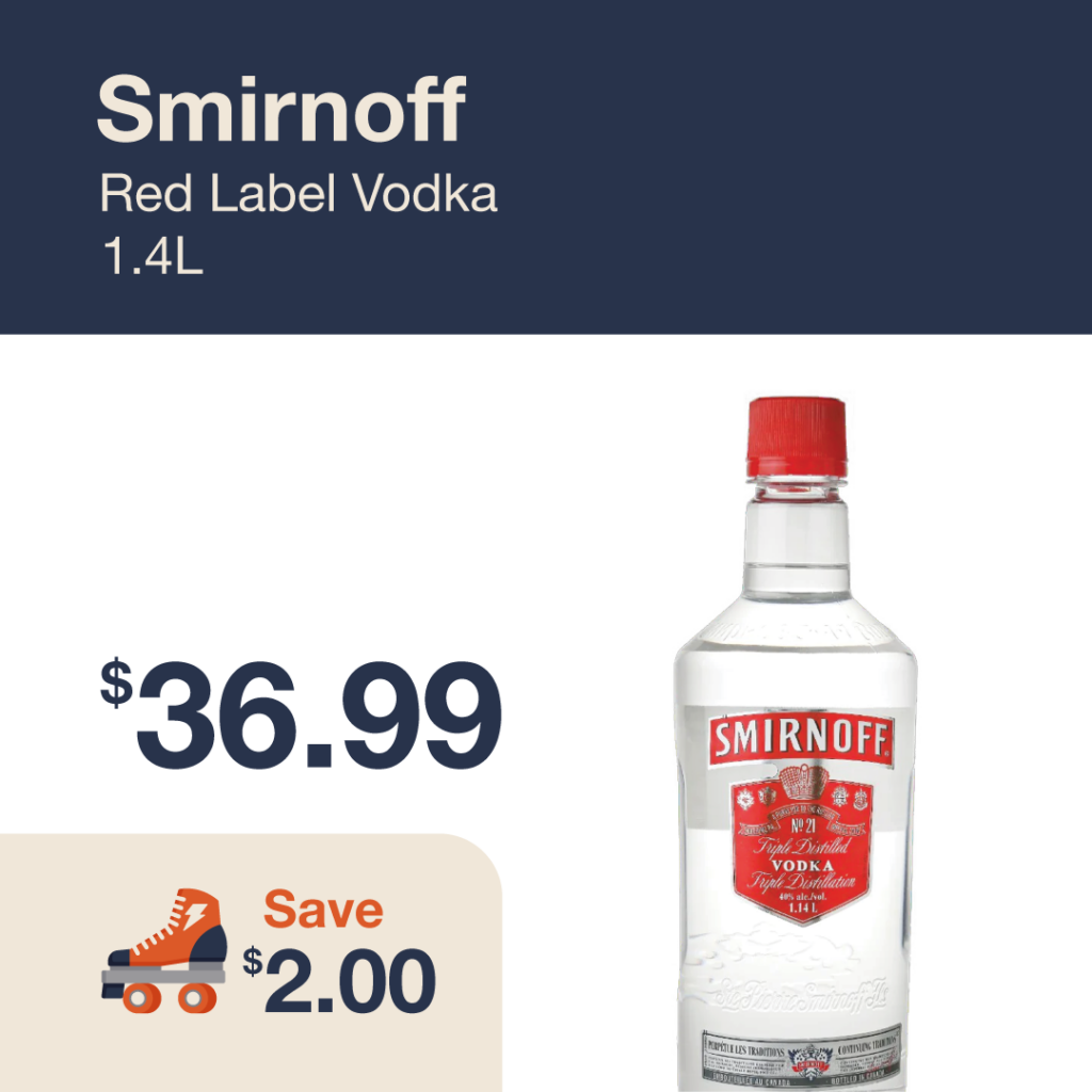 Monthly promo at The Liquor Co. 1977 – Smirnoff Red Label Vodka 1.4L on sale for $36.99. Save $2.00 on this featured vodka deal.