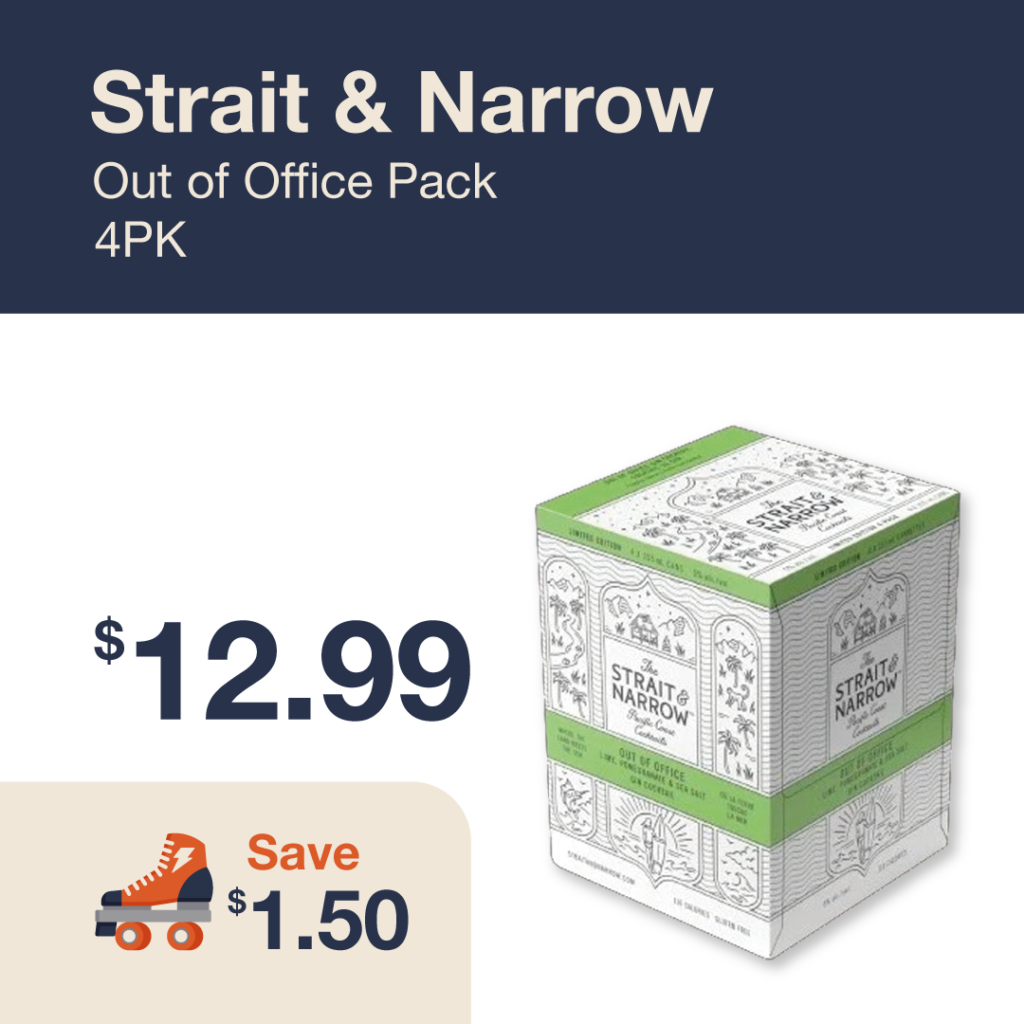 Monthly promo at The Liquor Co. 1977 – Strait & Narrow Out of Office Pack 4-pack on sale for $12.99. Save $1.50 on this featured cocktail deal.