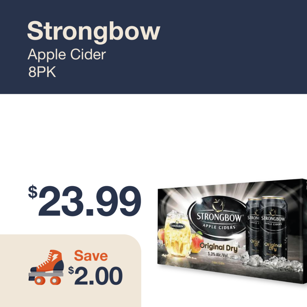 Monthly promo at The Liquor Co. 1977 – Strongbow Apple Cider 8-pack on sale for $23.99. Save $2.00 on this featured cider deal.