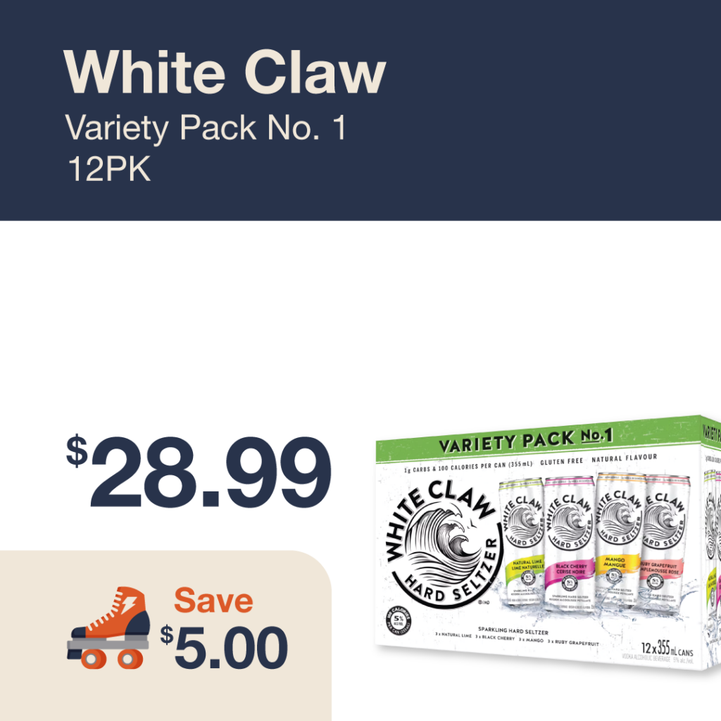 Monthly promo at The Liquor Co. 1977 – White Claw Variety Pack No. 1 12-pack on sale for $28.99. Save $5.00 on this featured cooler deal.
