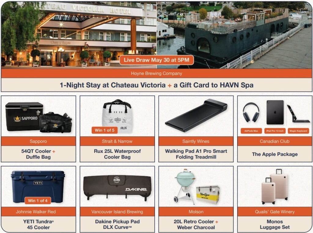 One night stay at Chateau Victoria and a HAVN Spa gift card, sponsored by Hoyne Brewing Sapporo 54 QT cooler and duffle bag RUX 25L waterproof cooler bag, sponsored by Strait & Narrow Walking pad, sponsored by Saintly Wines Apple tech package sponsored by Canadian Club, including AirPods Max, iPad Pro and a Magic Keyboard YETI Tundra 45 cooler, sponsored by Johnnie Walker Red Dakine tailgate pad, sponsored by Vancouver Island Brewing 20L retro cooler and Weber charcoal grill, sponsored by Molson Monos 2-piece luggage set, sponsored by Quail’s Gate Winery