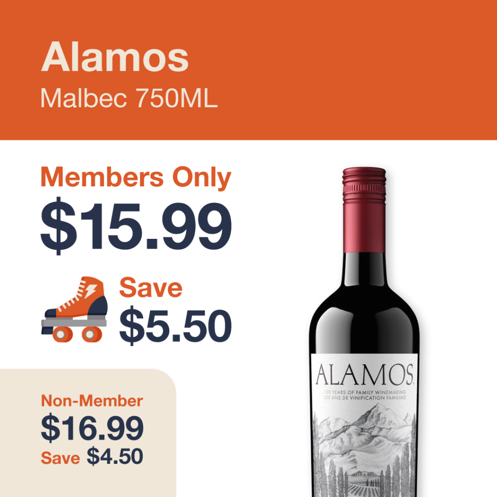 Monthly promo at The Liquor Co. 1977 – Alamos Malbec on sale for $15.99 for members and $16.99 for non-members. Save up to $5.50 on this featured wine deal.