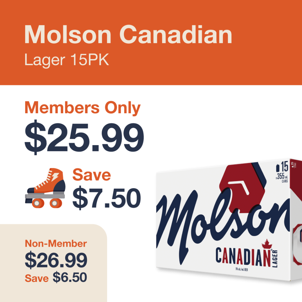 Monthly promo at The Liquor Co. 1977 – Molson Canadian on sale for $25.99 for members and $26.99 for non-members. Save up to $7.50 on this featured beer deal.