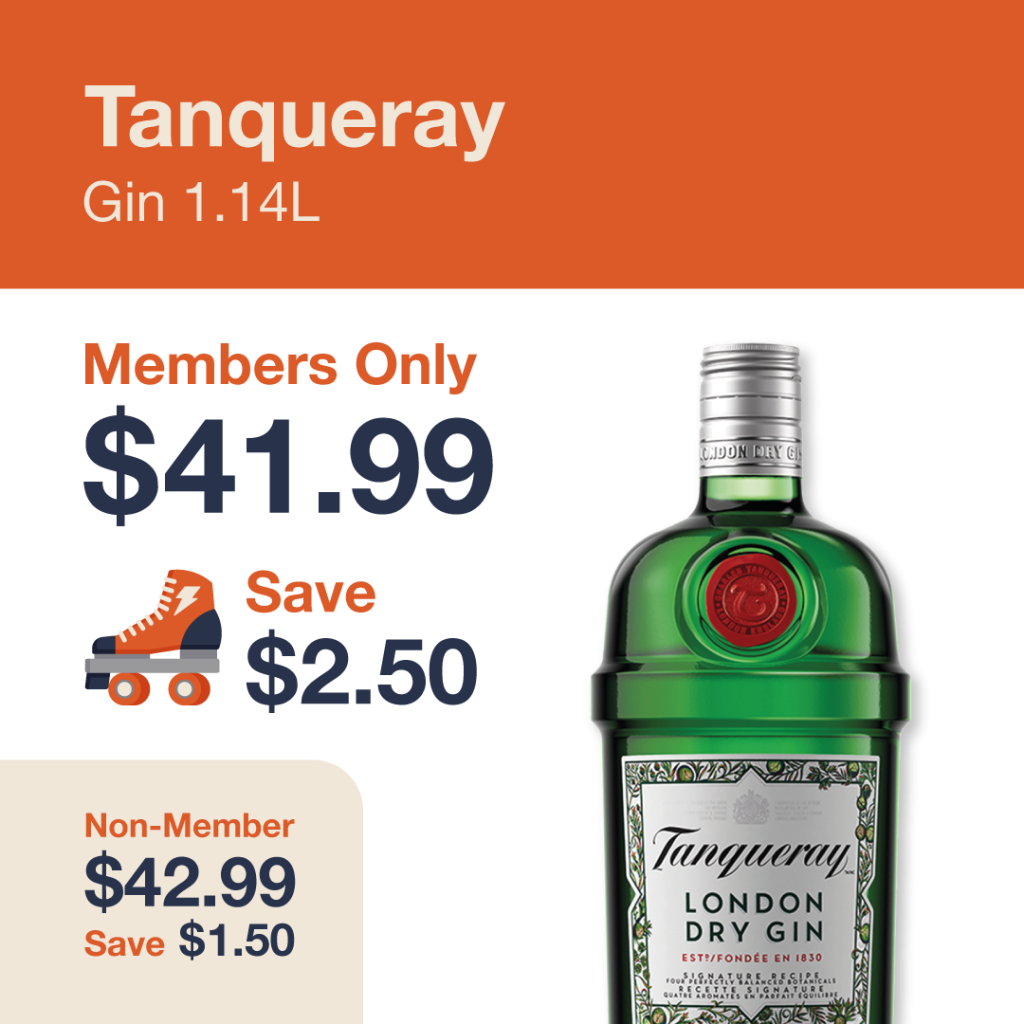 Monthly promo at The Liquor Co. 1977 – Tanqueray on sale for $41.99 for members and $42.99 for non-members. Save up to $2.50 on this featured gin deal.