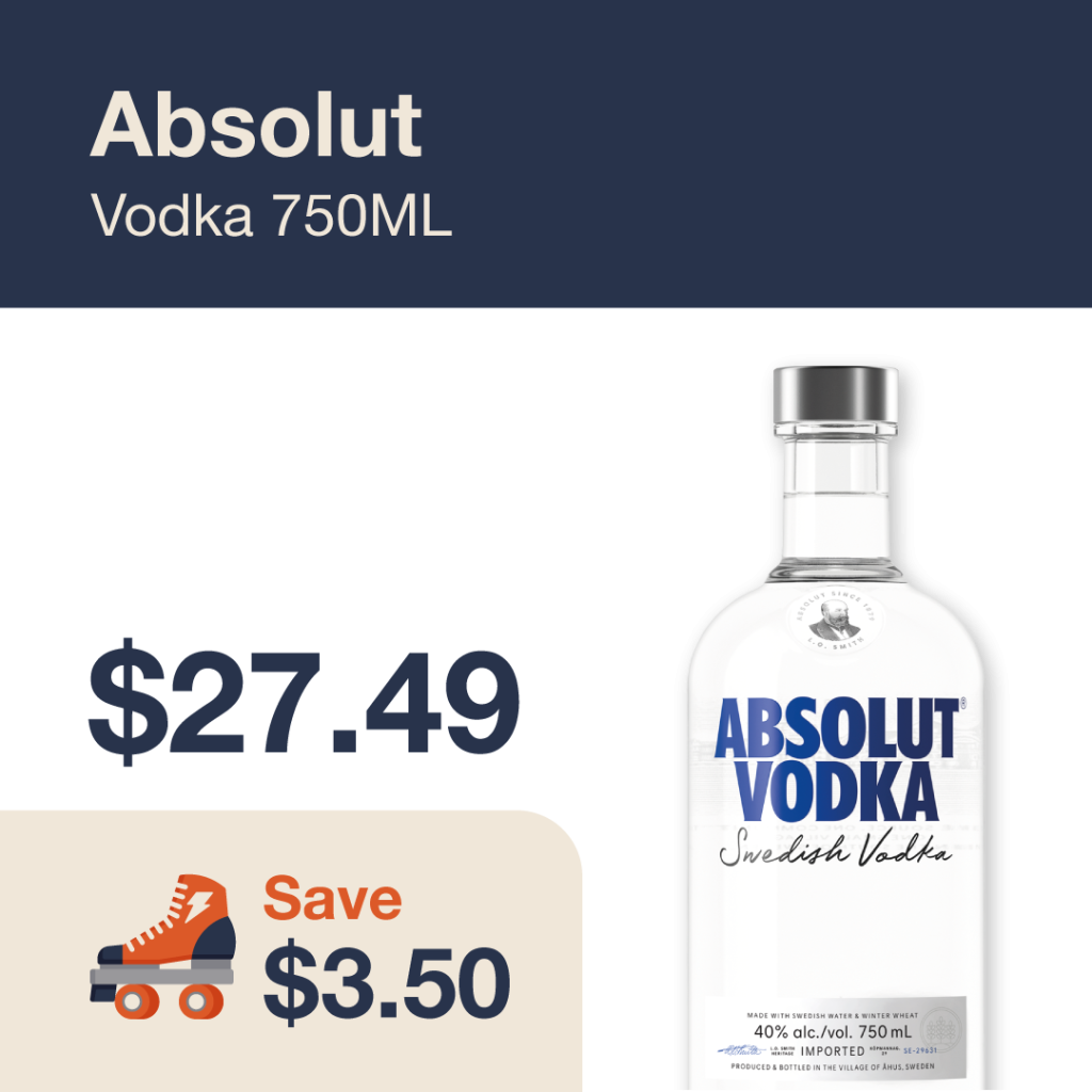 Monthly promo at The Liquor Co. 1977 – Absolut on sale for $27.49. Save $3.50 on this featured vodka deal.