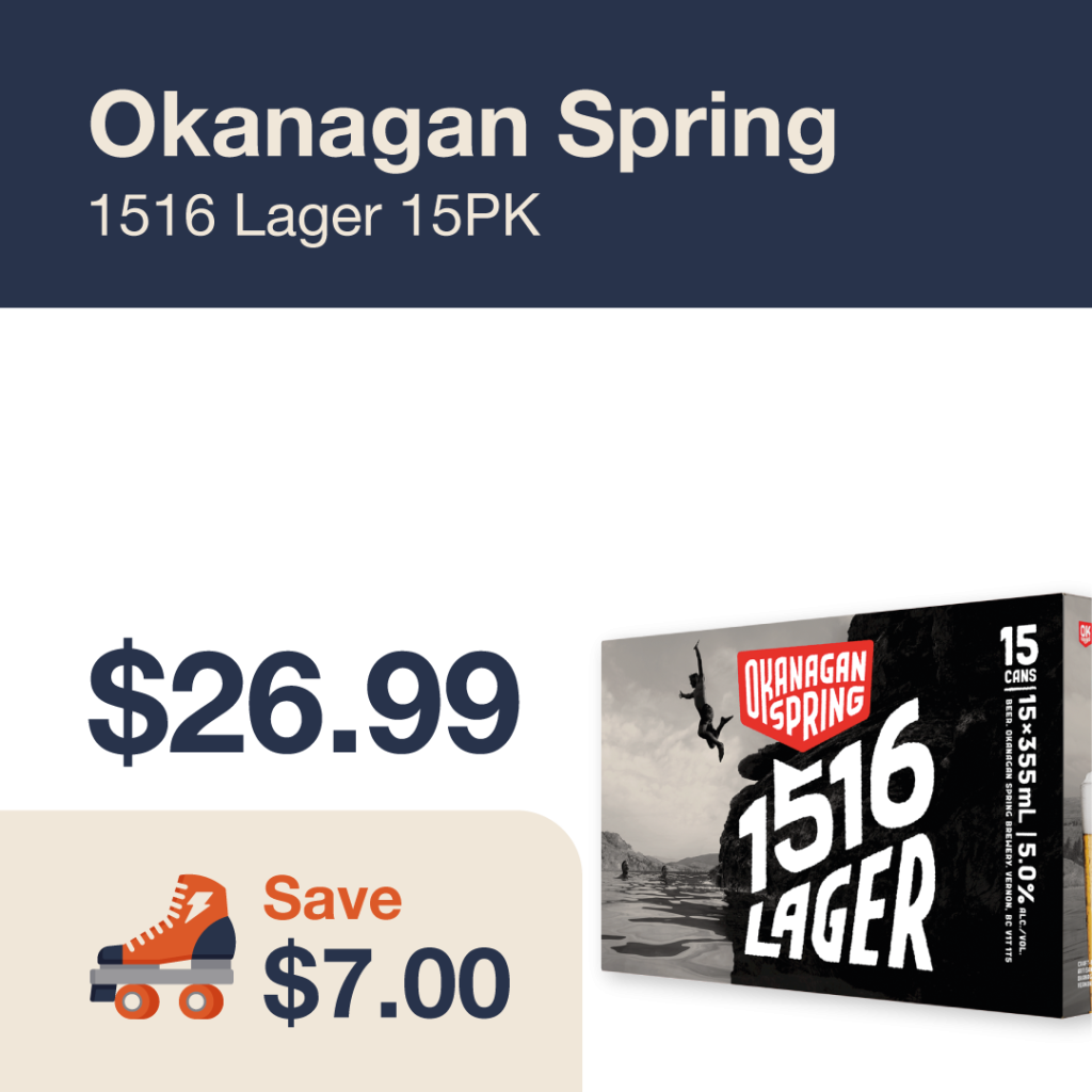 Monthly promo at The Liquor Co. 1977 – Okanagan Lager 1516 on sale for $26.99. Save $7.00 on this featured beer deal.