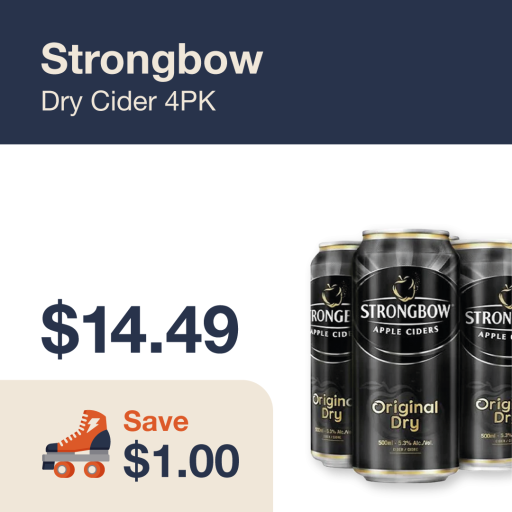 Monthly promo at The Liquor Co. 1977 – Strongbow on sale for $14.49. Save $1.00 on this featured cider deal.