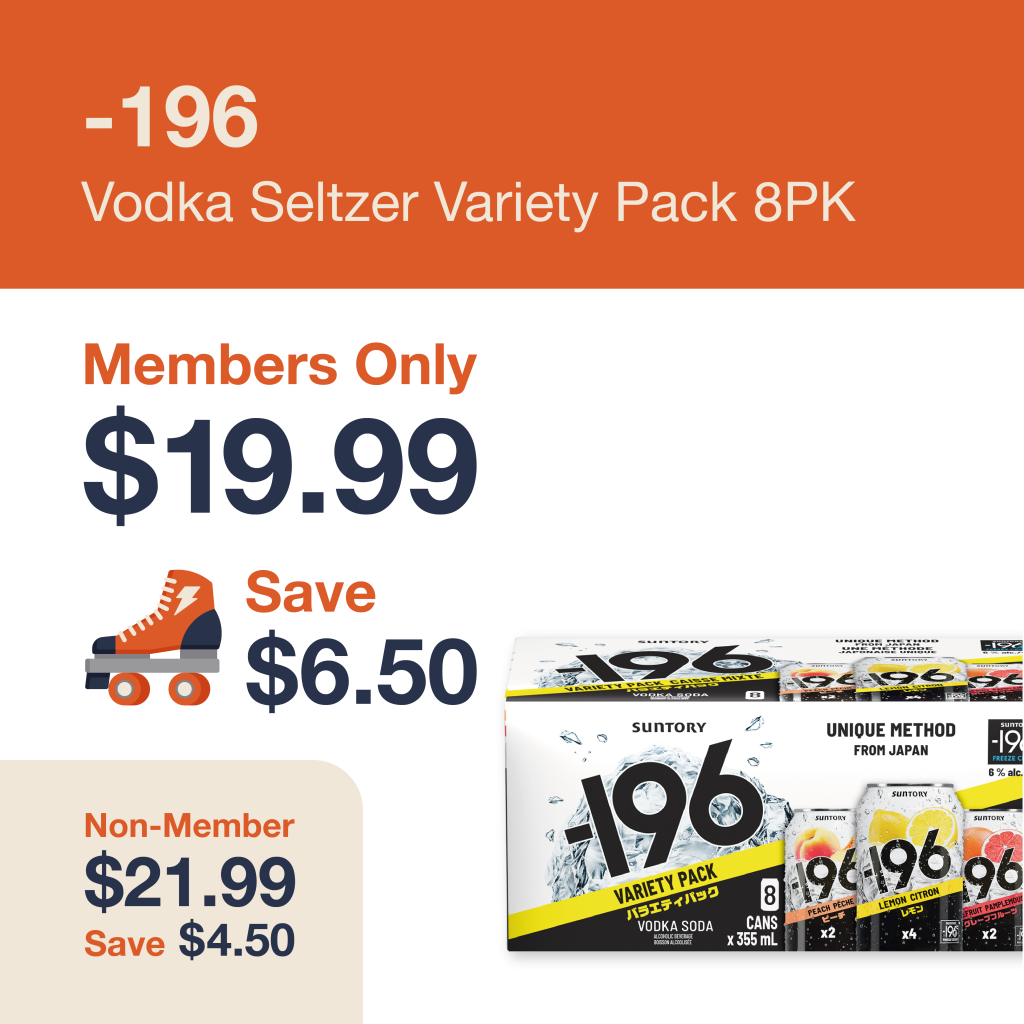 Monthly promo at The Liquor Co. 1977 – -196 Vodka Seltzer on sale for $19.99 for members and $21.99 for non-members. Save up to $6.50 on this featured RTD deal.