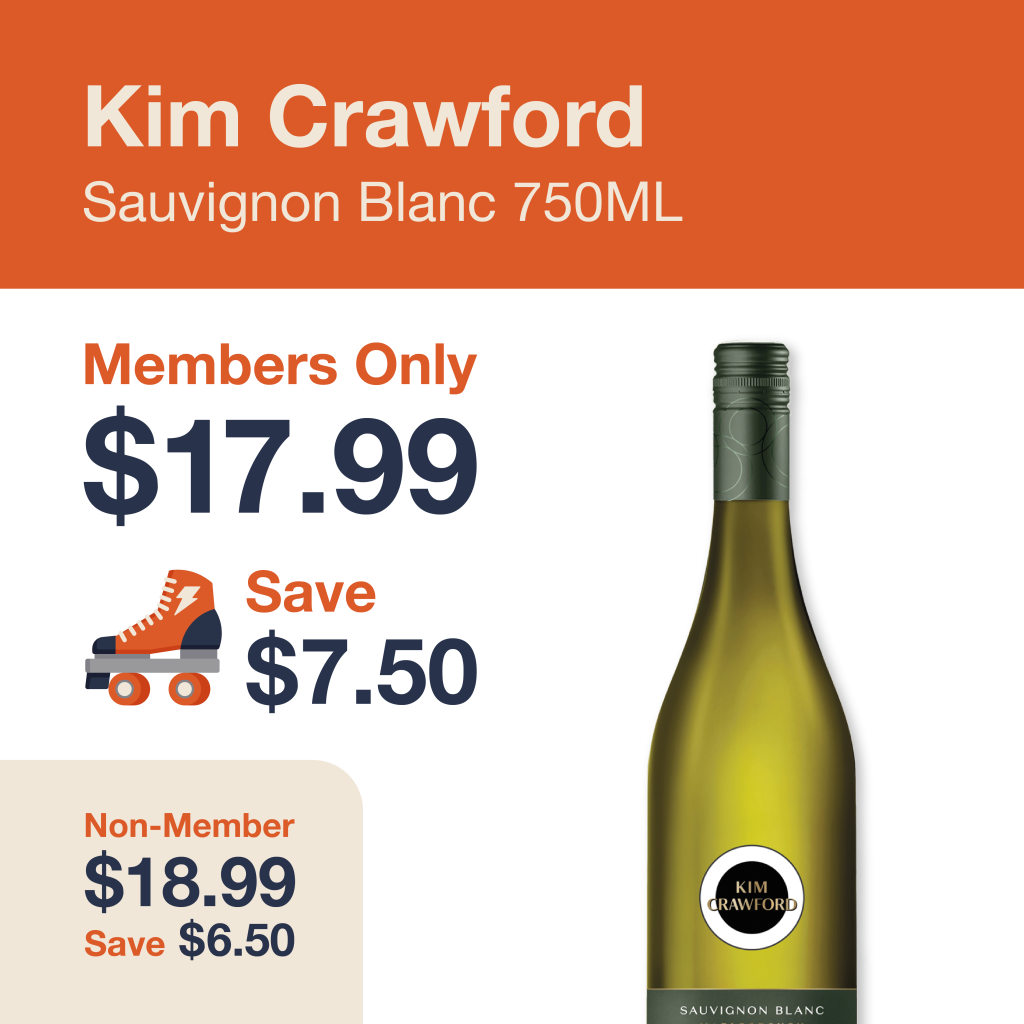 Monthly promo at The Liquor Co. 1977 – Kim Crawford Sauvignon Blanc on sale for $17.99 for members and $18.99 for non-members. Save up to $7.50 on this featured wine deal.