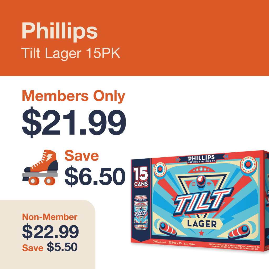 Monthly promo at The Liquor Co. 1977 – Phillips Tilt lager on sale for $21.99 for members and $22.99 for non-members. Save up to $6.50 on this featured beer deal.