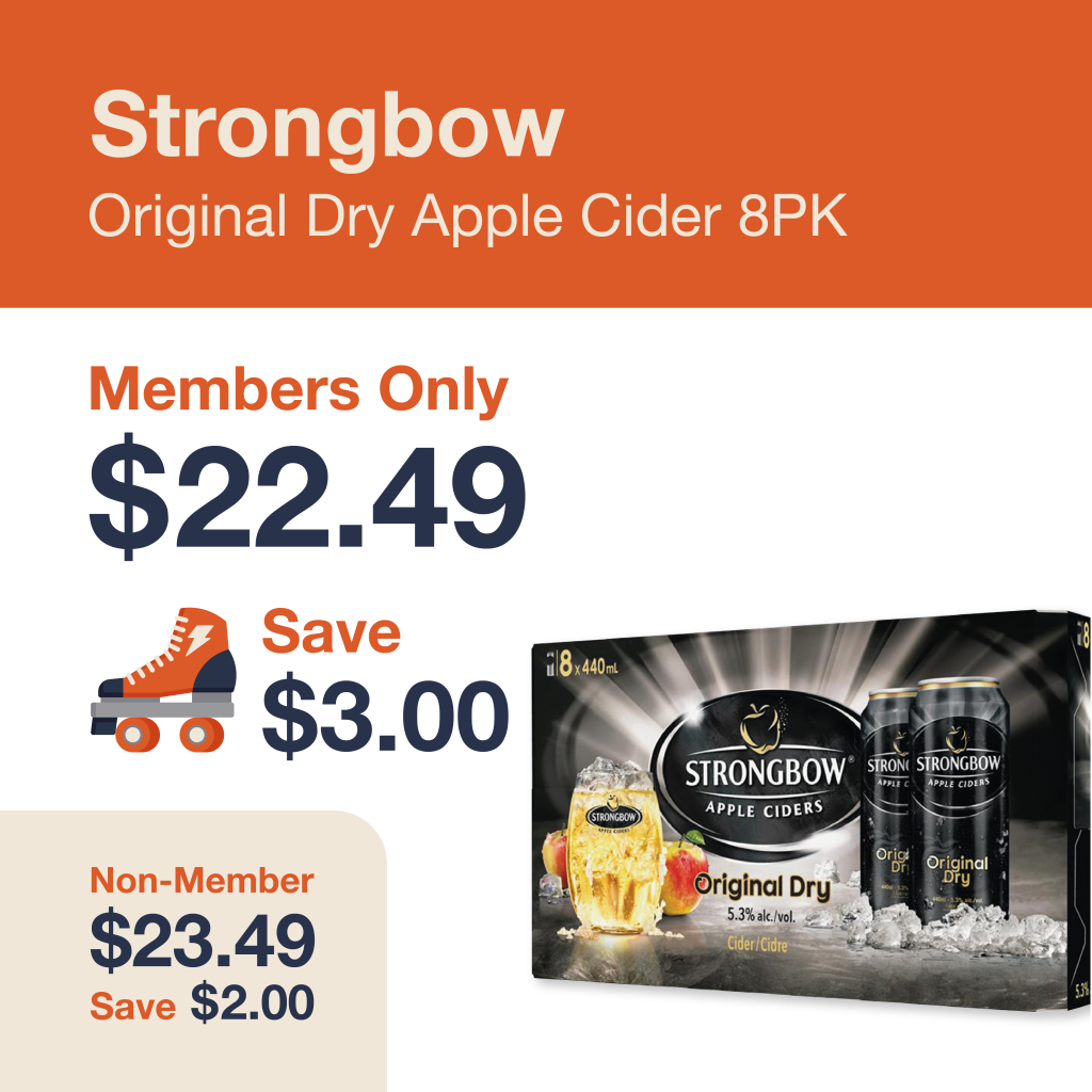 Monthly promo at The Liquor Co. 1977 – Strongbow Dry Apple Cider on sale for $22.499 for members and $23.49 for non-members. Save up to $3.00 on this featured Cider deal.