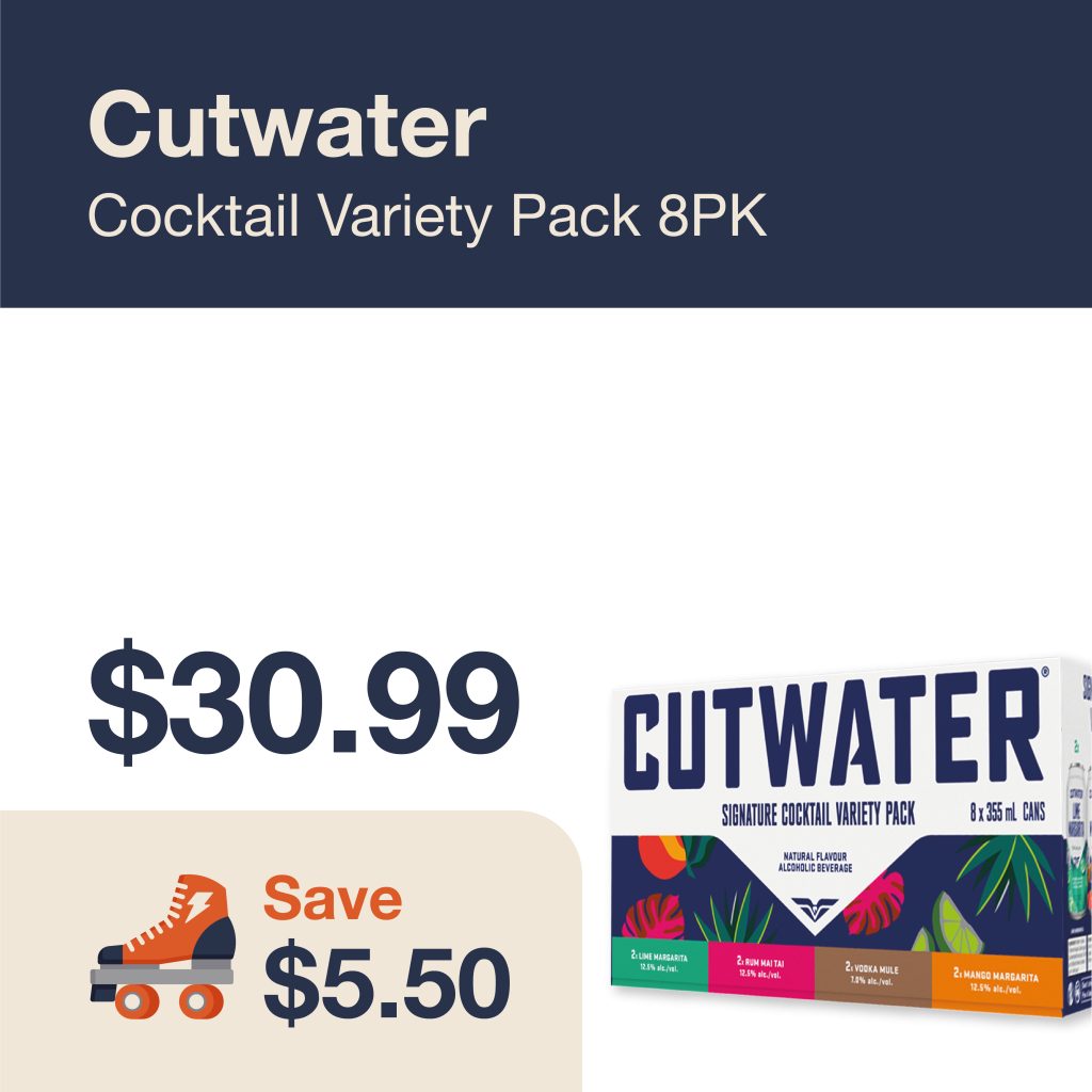 Monthly promo at The Liquor Co. 1977 – Cutwater Variety Pack on sale for $30.99. Save $5.50 on this featured RTD deal.