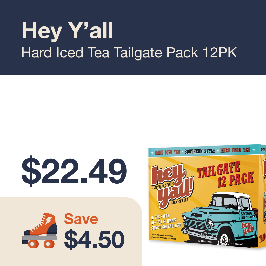 Monthly promo at The Liquor Co. 1977 – Hey Y'all Hard Iced Tea Tailgate Pack on sale for $22.49. Save $4.50 on this featured RTD deal.