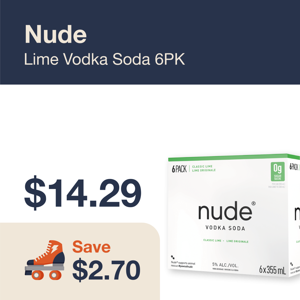 Monthly promo at The Liquor Co. 1977 – Nude Lime Vodka Soda on sale for $14.29. Save $2.70 on this featured RTD deal.