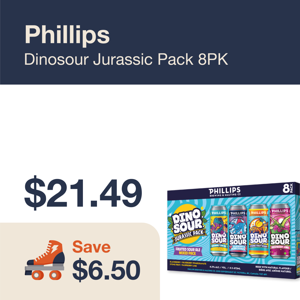Monthly promo at The Liquor Co. 1977 – Phillips Dinosour Jurassic Pack on sale for $21.49. Save $6.50 on this featured beer deal.