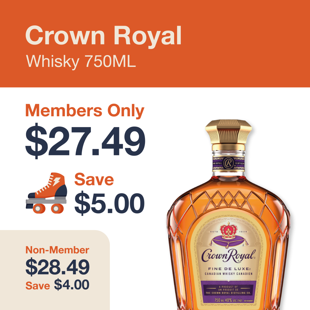 Monthly promo at The Liquor Co. 1977 – Crown Royal on sale for $27.49 for members and $28.49 for non-members. Save up to $5.00 on this featured Whisky deal.