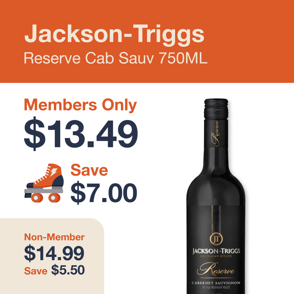 Monthly promo at The Liquor Co. 1977 – Jackson Triggs Reserve Cab Sauv on sale for $13.49 for members and $14.99 for non-members. Save up to $7.00 on this featured wine deal.