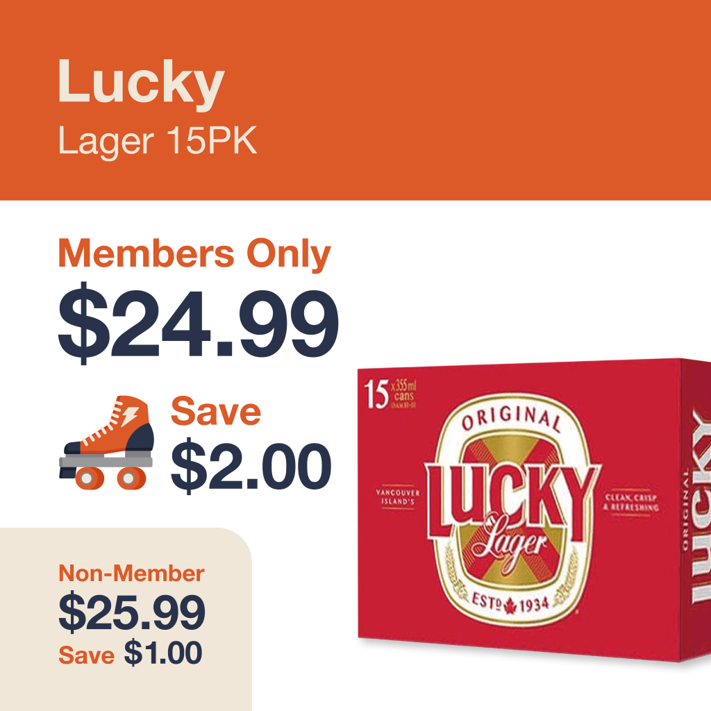 Monthly promo at The Liquor Co. 1977 – Lucky Lager 15 pack on sale for $24.99 for members and $25.99 for non-members. Save up to $2.00 on this featured beer deal.