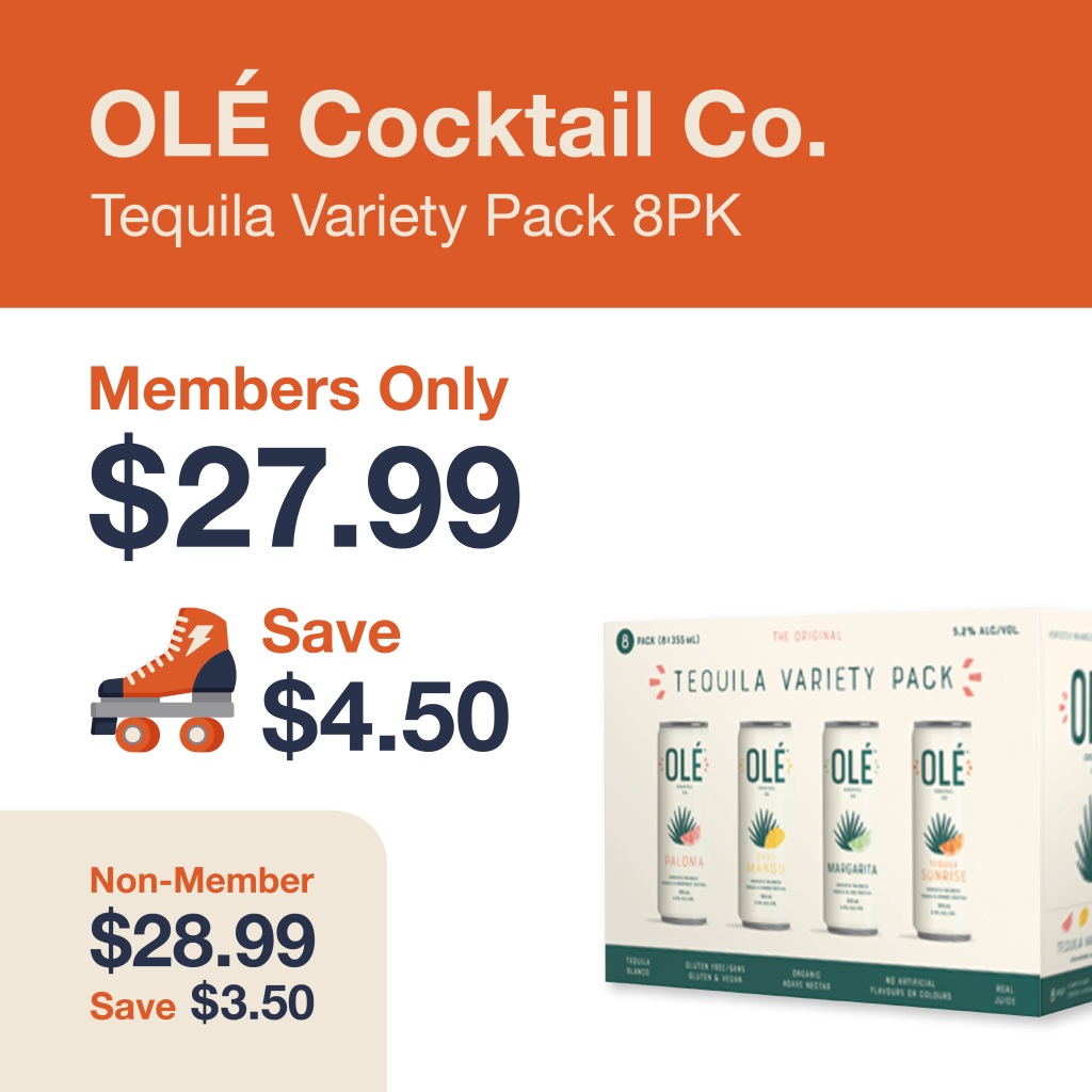 Monthly promo at The Liquor Co. 1977 – Ole Cocktail Co. Tequila Variety Pack on sale for $27.99 for members and $28.99 for non-members. Save up to $4.50 on this featured RTD deal.