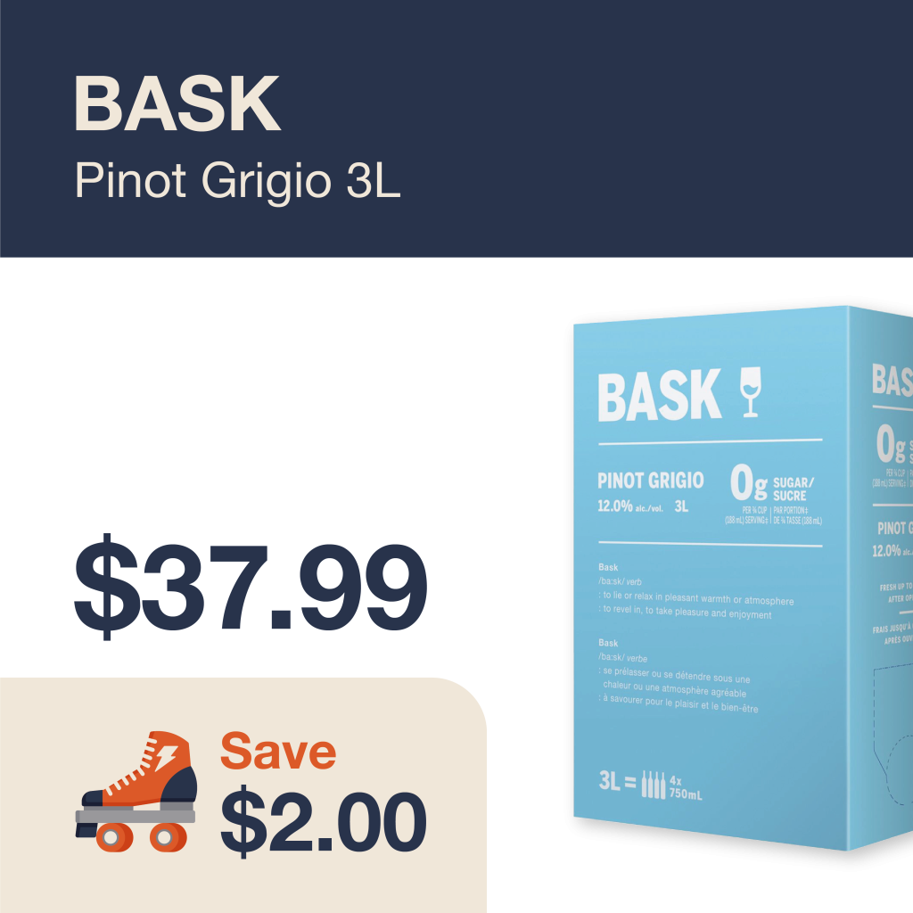Monthly promo at The Liquor Co. 1977 – Bask Pinot Grigio 4L on sale for $37.99. Save $2.00 on this featured wine deal.
