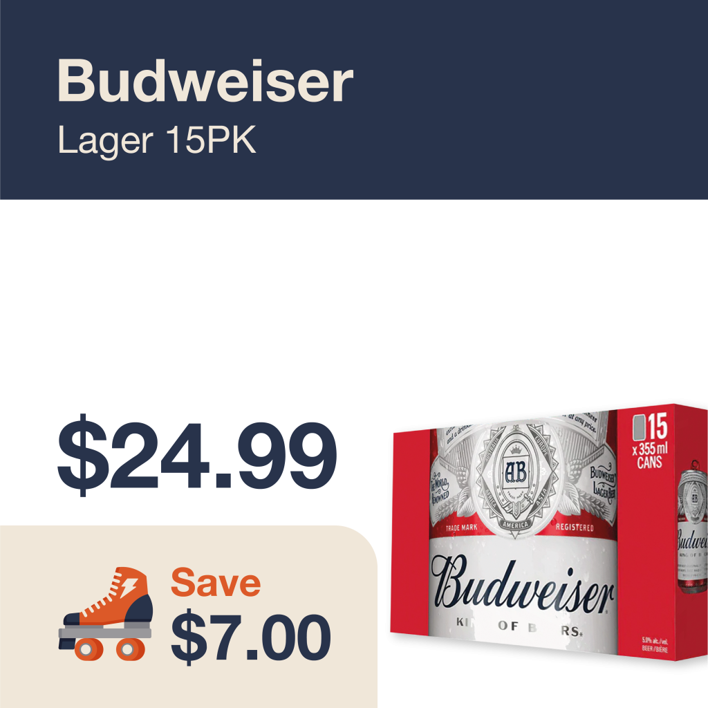 Monthly promo at The Liquor Co. 1977 – Budweiser Lager 15 pack on sale for $24.99. Save $7.00 on this featured beer deal.