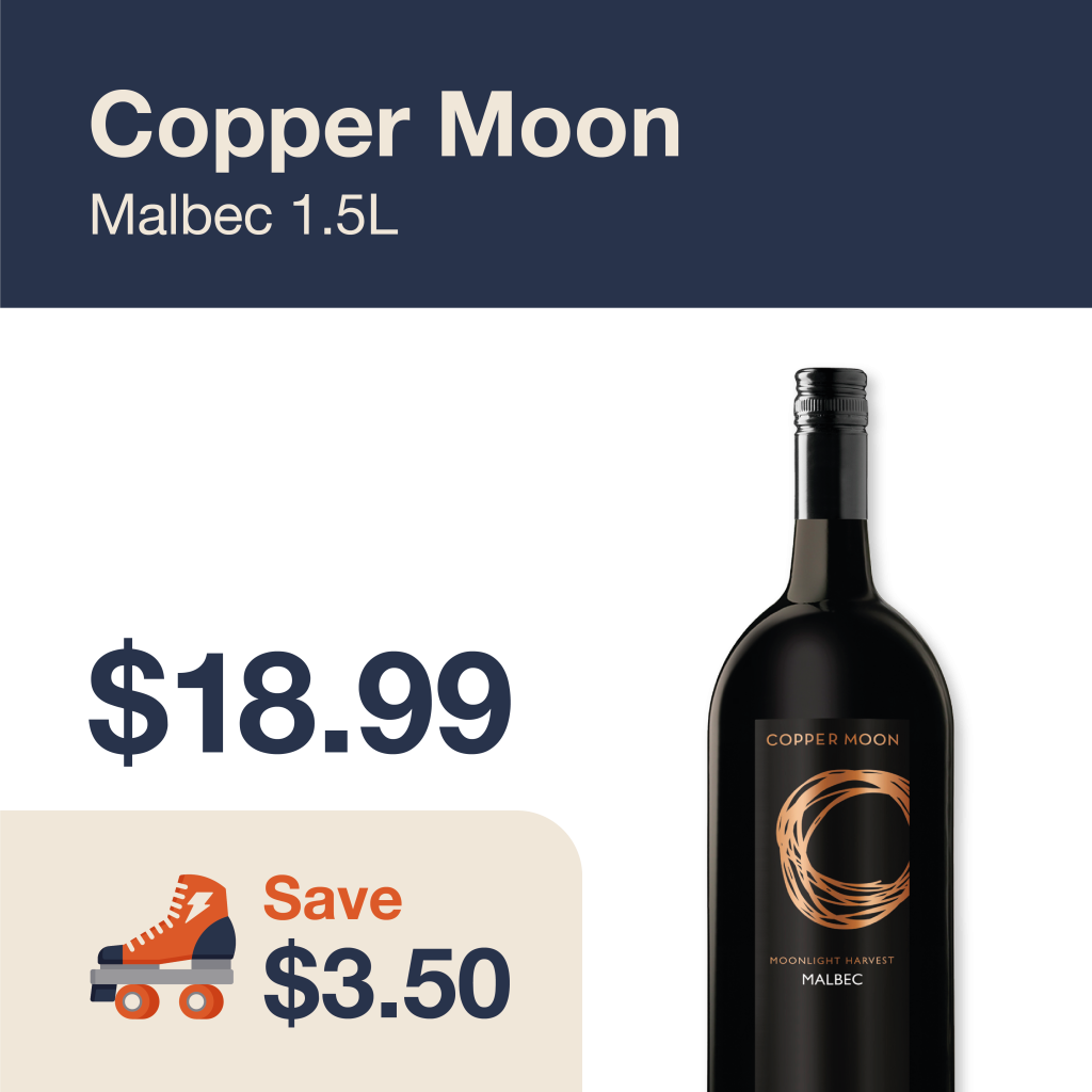 Monthly promo at The Liquor Co. 1977 – Copper Moon Malbec 1.5L on sale for $18.99. Save $3.50 on this featured wine deal.