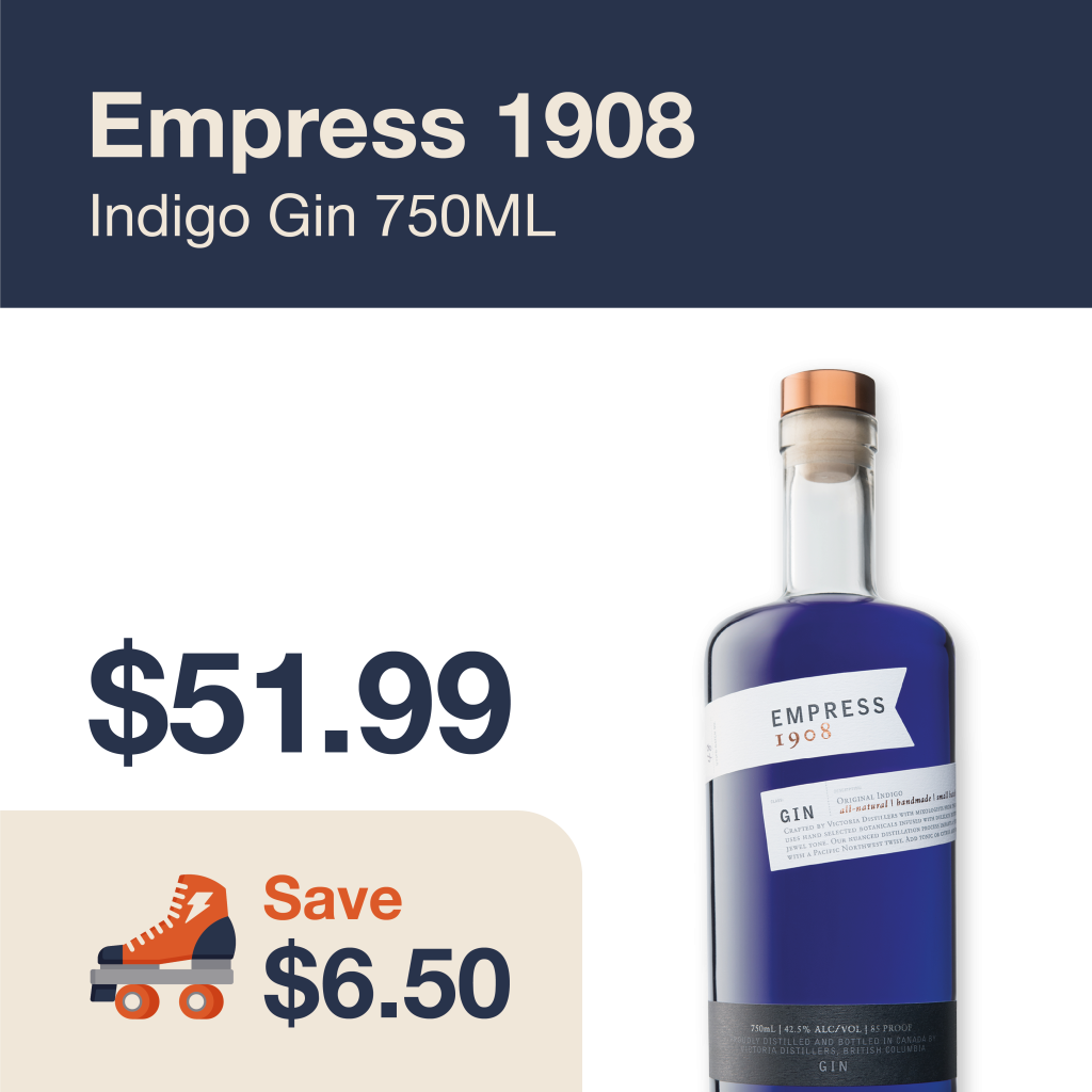 Monthly promo at The Liquor Co. 1977 – Empress 1908 Indigo Gin on sale for $51.99. Save $6.50 on this featured gin deal.