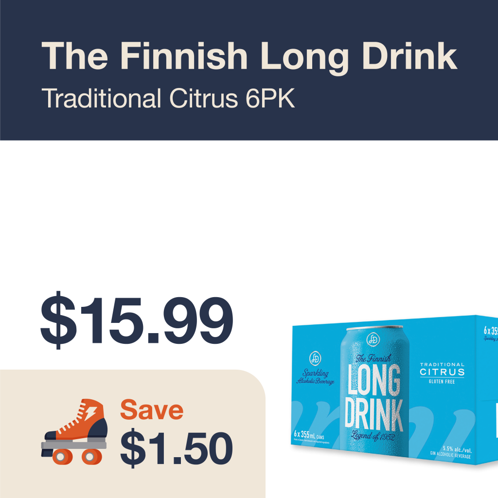 Monthly promo at The Liquor Co. 1977 – The Finnish Long Drink Traditional Citrus 6 pack on sale for $15.99. Save $1.50 on this featured RTD deal.