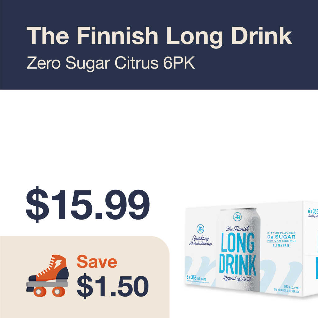 Monthly promo at The Liquor Co. 1977 – The Finnish Long Drink Zero Sugar Citrus 6 pack on sale for $15.99. Save $1.50 on this featured RTD deal.
