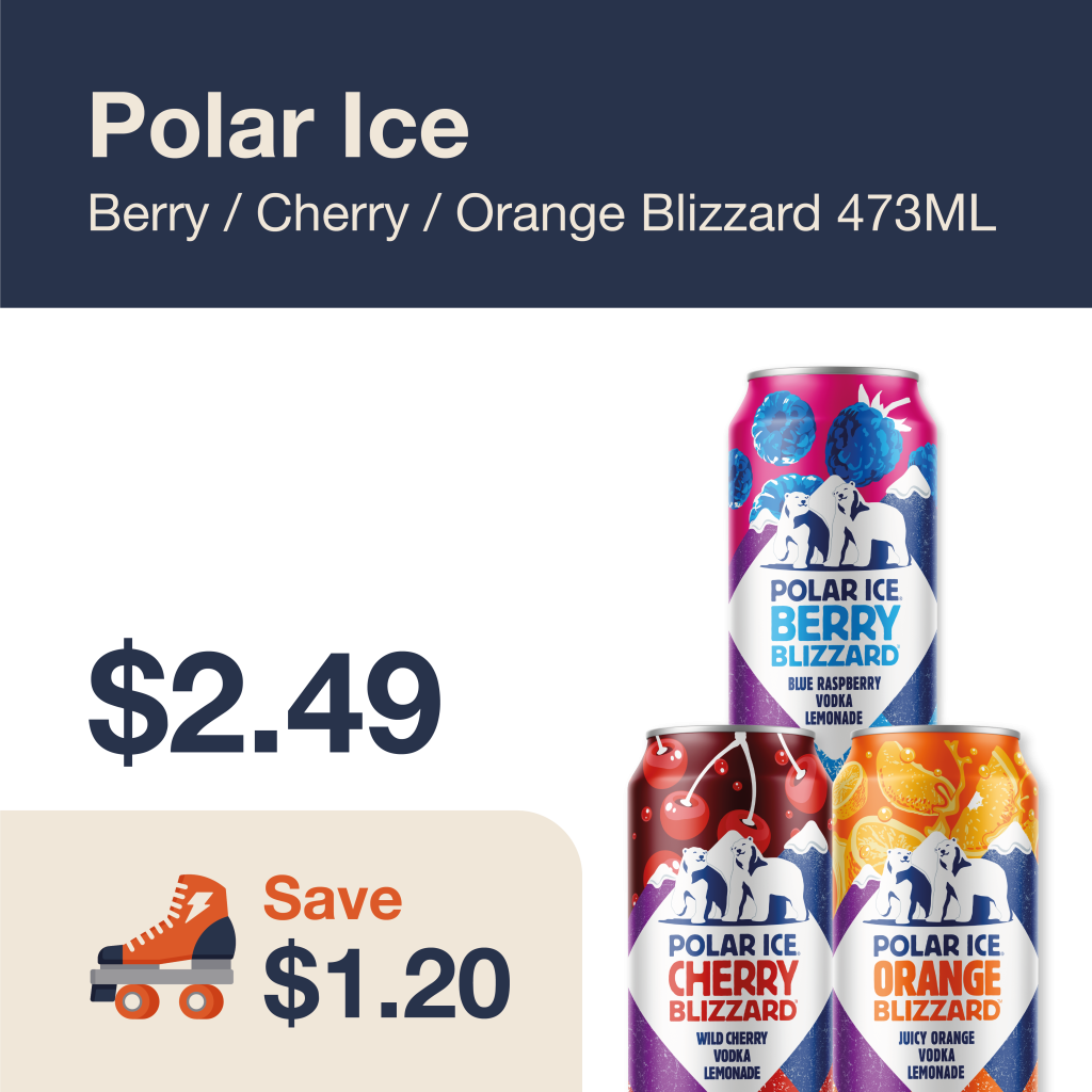 Monthly promo at The Liquor Co. 1977 – Polar Ice Singles on sale for $2.49. Save $1.20 on this featured RTD deal.