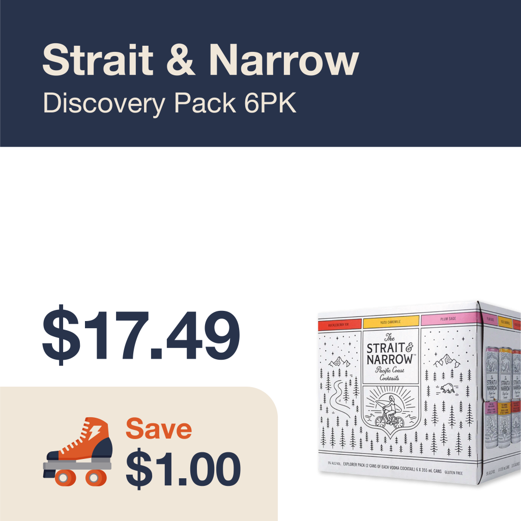 Monthly promo at The Liquor Co. 1977 – Strait & Narrow Discovery Pack 6 pack on sale for $17.49. Save $1.00 on this featured RTD deal.
