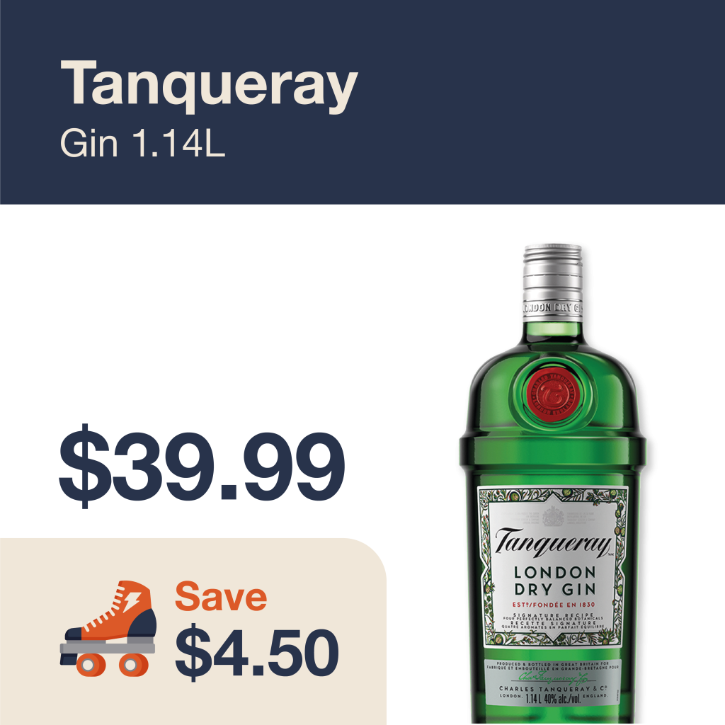 Monthly promo at The Liquor Co. 1977 – Tanqueray Gin on sale for $39.99. Save $4.50 on this featured gin deal.