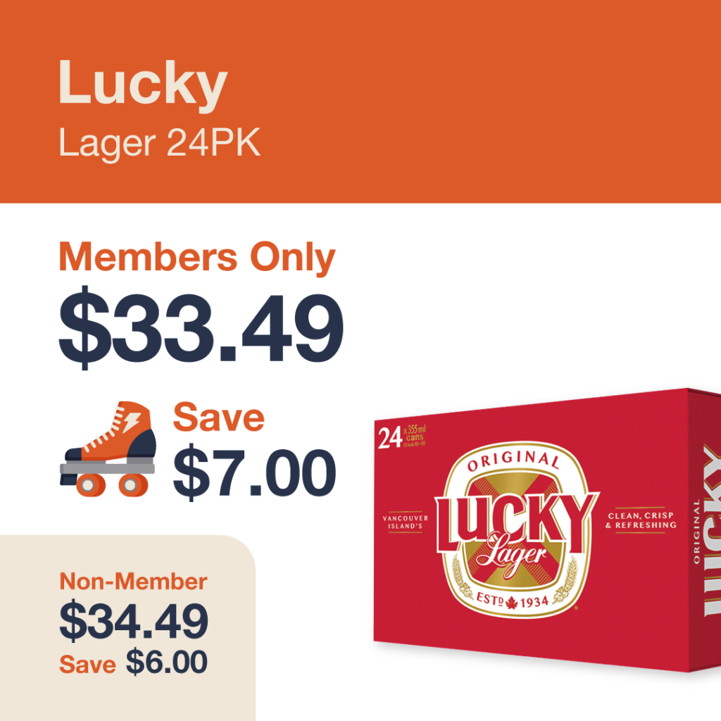 Liquor Co. 1977 monthly promo: Save $6.00 on Lucky Lager 24PK - Members save $7.00 on this featured beer deal