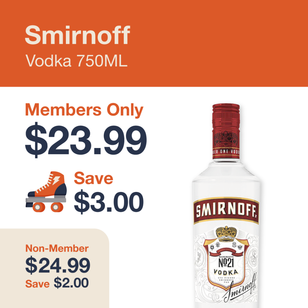Liquor Co. 1977 monthly promo: Save $2.00 on Sminoff Vodka - Members save $3.00 on this featured spirit deal