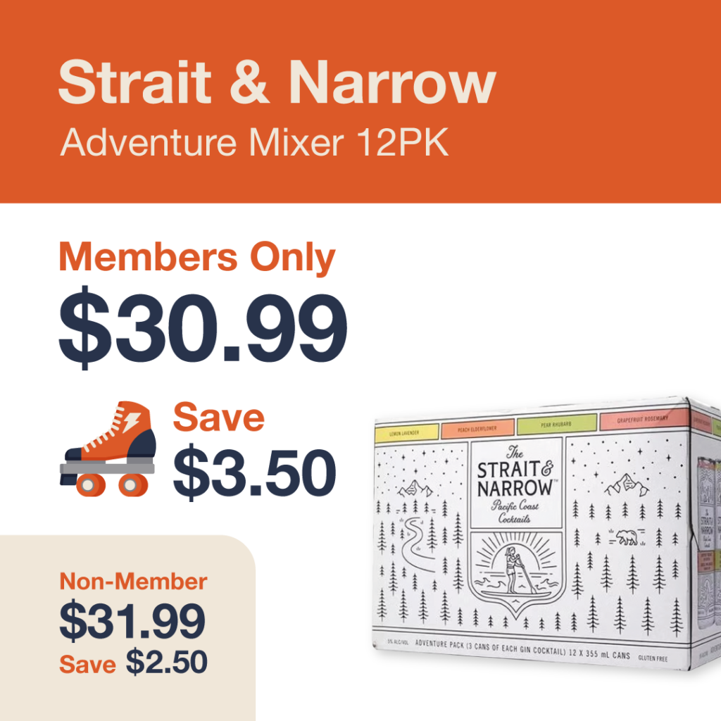 Liquor Co. 1977 monthly promo: Save $2.50 on Strait $ Narrow Adventure Mixer 12PK - Members save $3.50 on this featured RTD deal