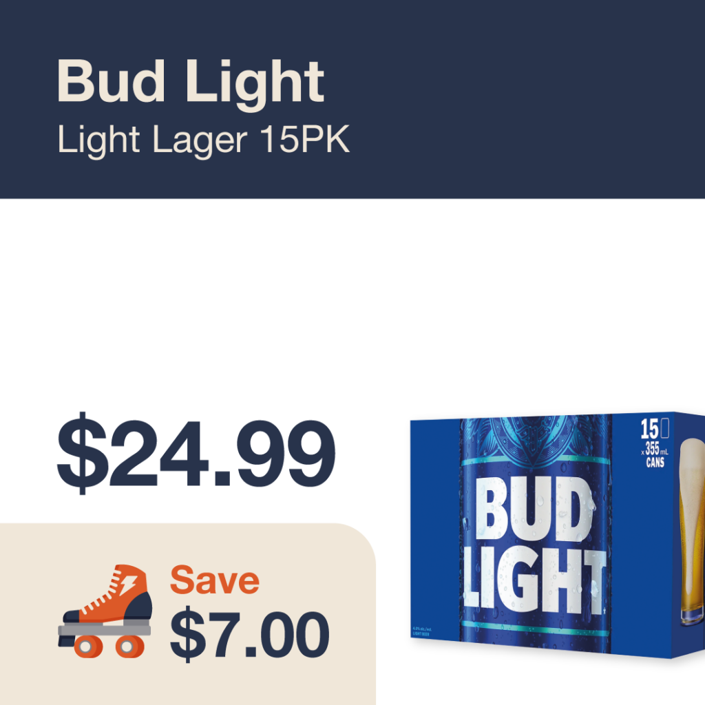 Liquor Co. 1977 monthly promo: Bud Light Lager 15PK - Save $7.00 on this featured beer deal