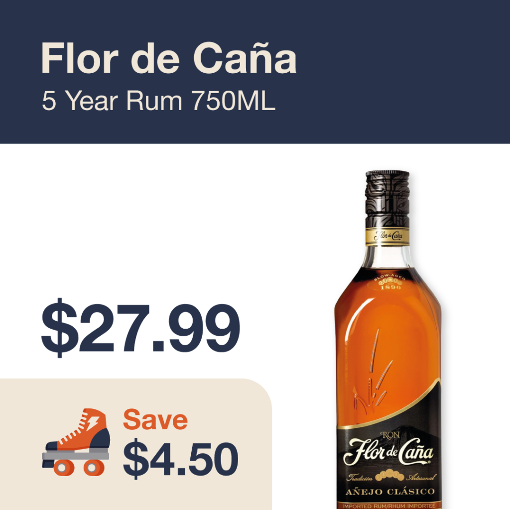 Liquor Co. 1977 monthly promo: Flor de Cana 5 Year Rum - Save $4.50 on this featured spirit deal