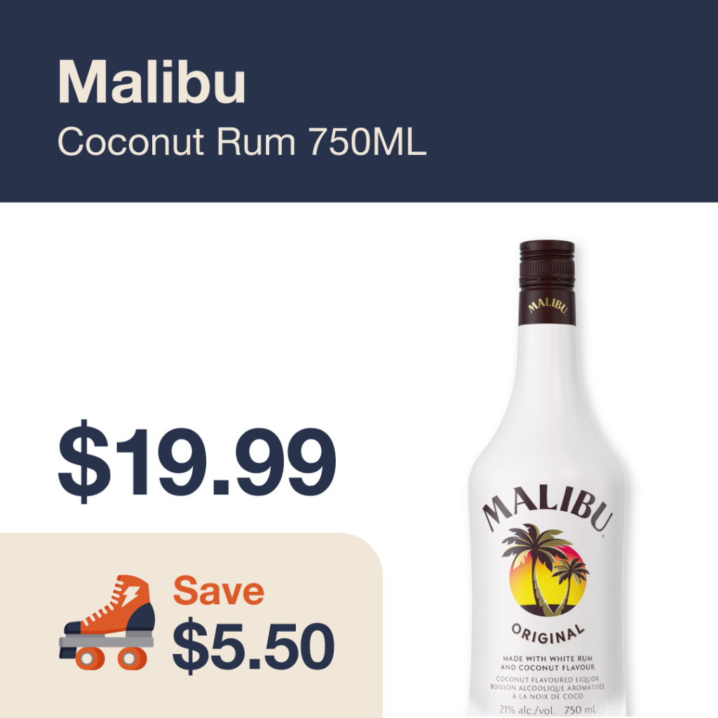 Liquor Co. 1977 monthly promo: Malibu Coconut Rum - Save $5.50 on this featured spirit deal